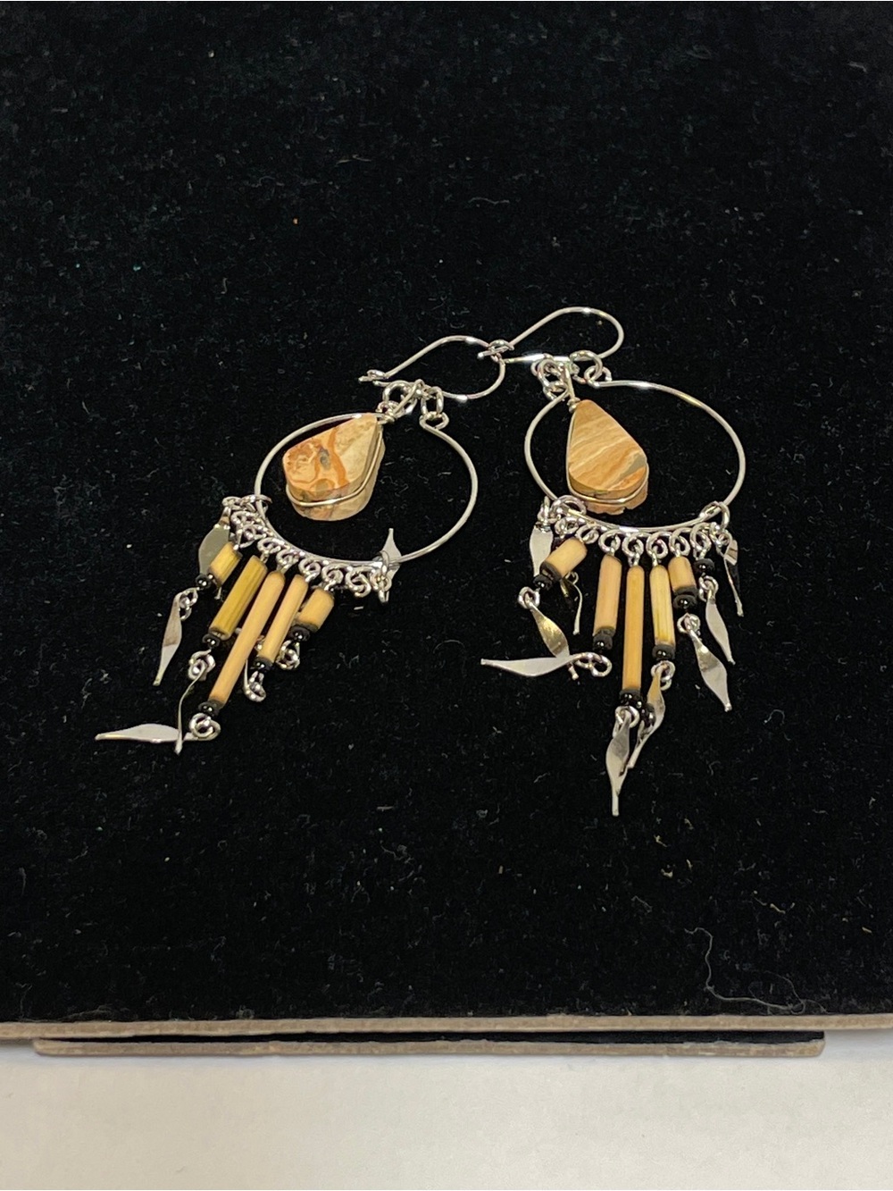 Vintage Native American Style Bamboo Bead With Teardrop Shape Stone Earrings